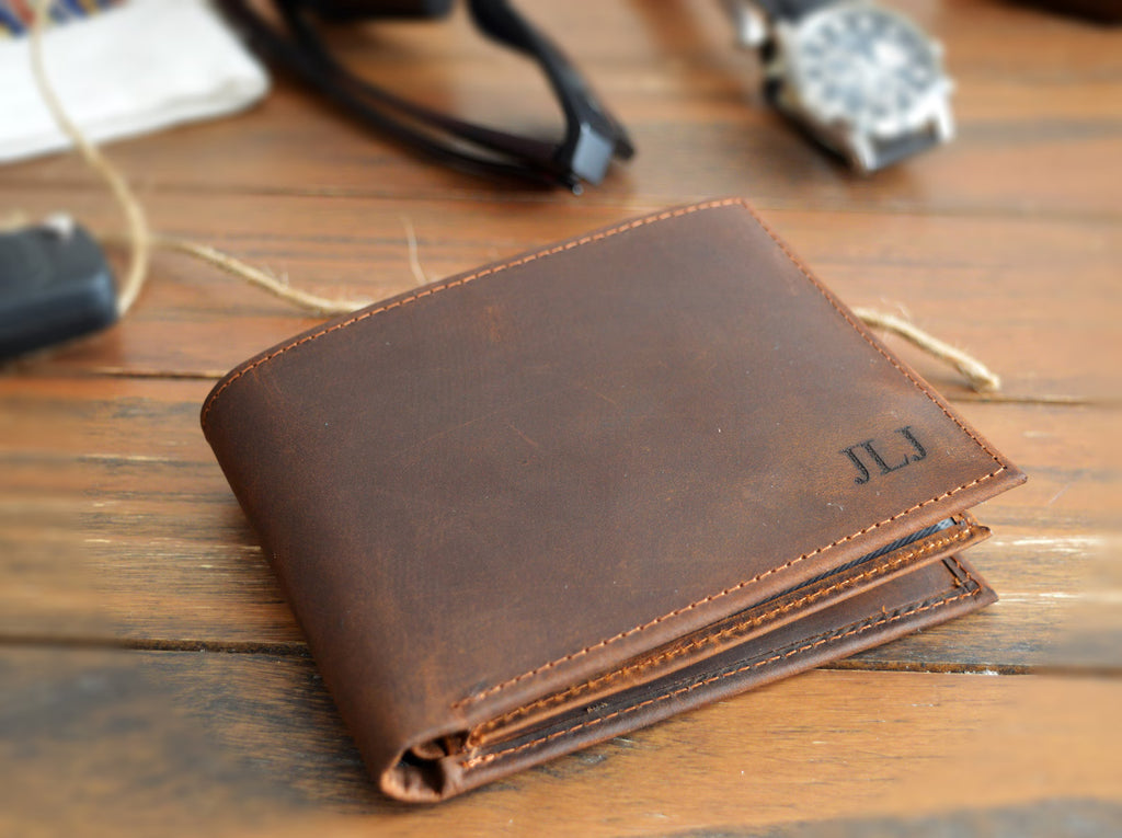 Custom Engraved Full Grain Leather Wallet, Personalized Men’s Photo Wallet, Handmade Bifold Gift for Dad