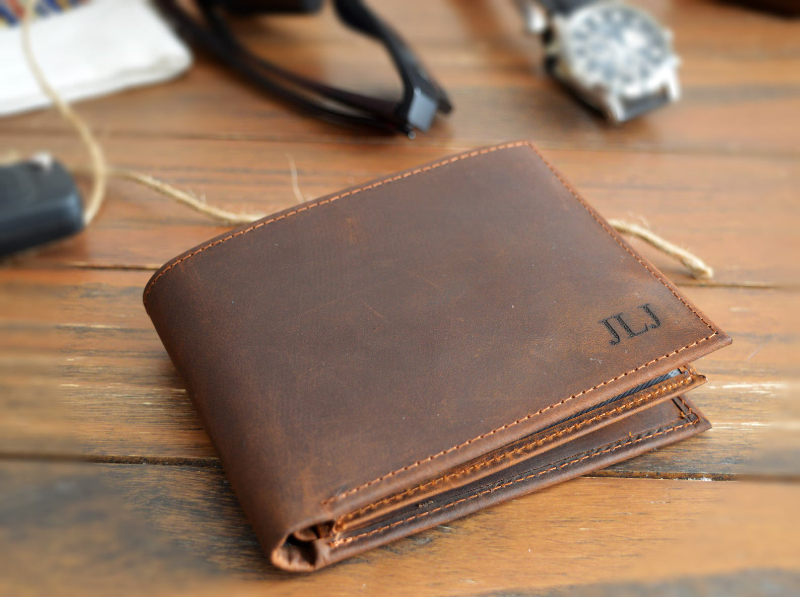 Custom Engraved Full Grain Leather Wallet, Personalized Men’s Photo Wallet, Handmade Bifold Gift for Dad