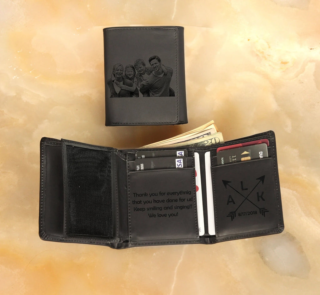 Personalized Trifold Leather Wallet, Custom Engraved Photo Text Wallet, Gift for Dad Husband Boyfriend