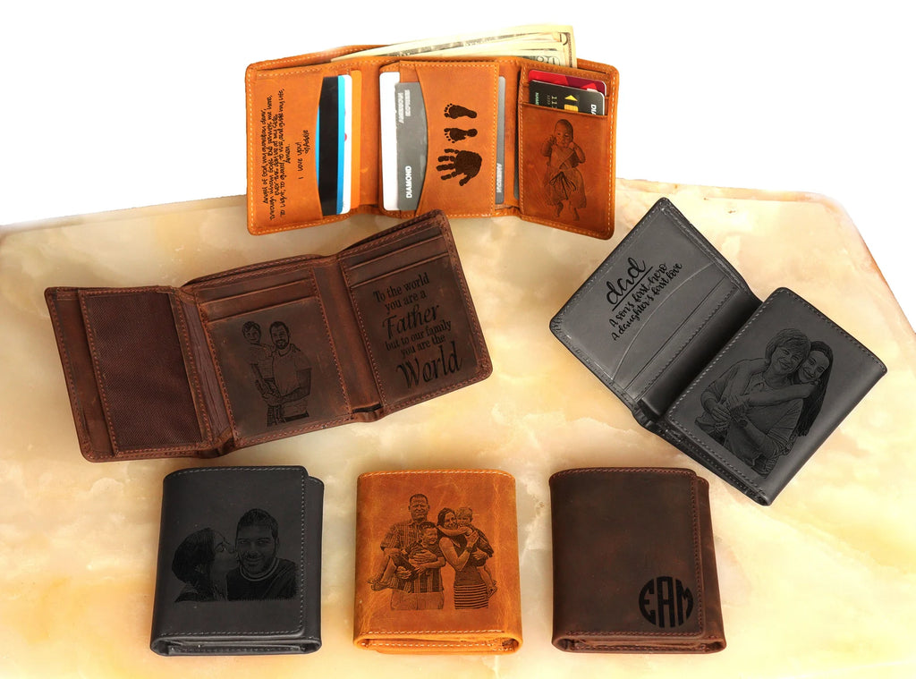 Personalized Trifold Leather Wallet, Custom Engraved Photo Text Wallet, Gift for Dad Husband Boyfriend