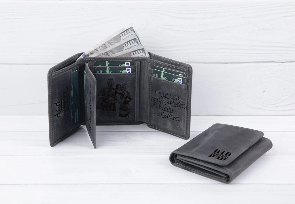 Personalized Trifold Leather Wallet, Custom Engraved Photo Text Wallet, Gift for Dad Husband Boyfriend