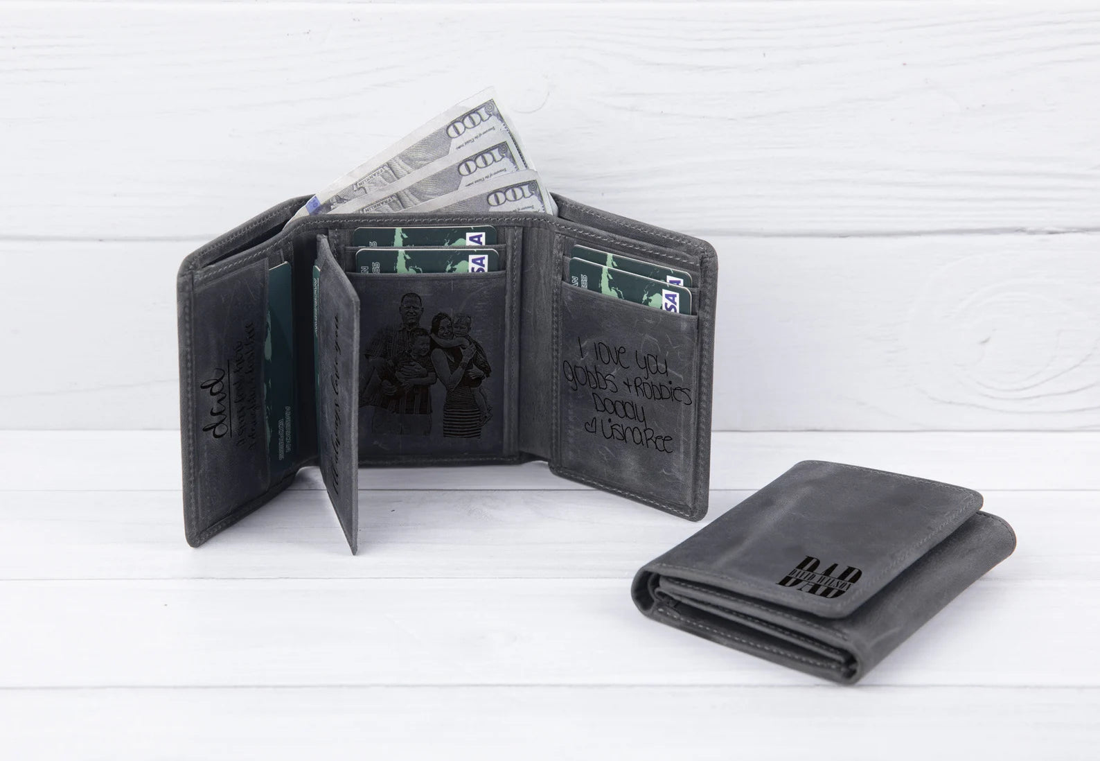 Personalized Trifold Leather Wallet, Custom Engraved Photo Text Wallet, Gift for Dad Husband Boyfriend