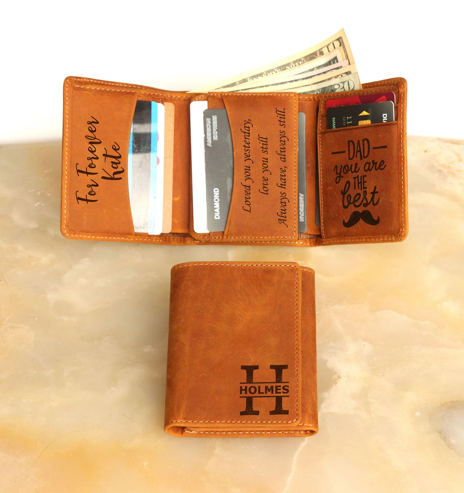 Personalized Trifold Leather Wallet, Custom Engraved Photo Text Wallet, Gift for Dad Husband Boyfriend