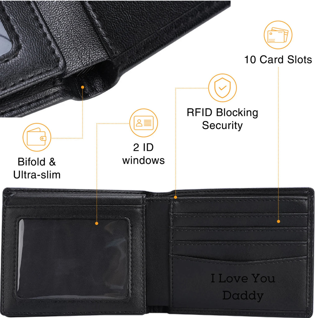 Personalized Leather Wallet, Custom Engraved Men’s Bifold Wallet, Photo Text Logo Gift for Dad Husband Boyfriend