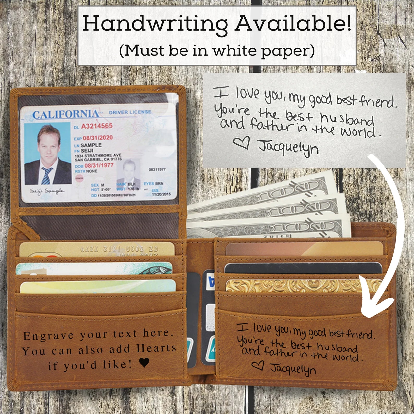 Personalized Leather Wallet, Custom Engraved Men’s Bifold Wallet, Photo Text Logo Gift for Dad Husband Boyfriend