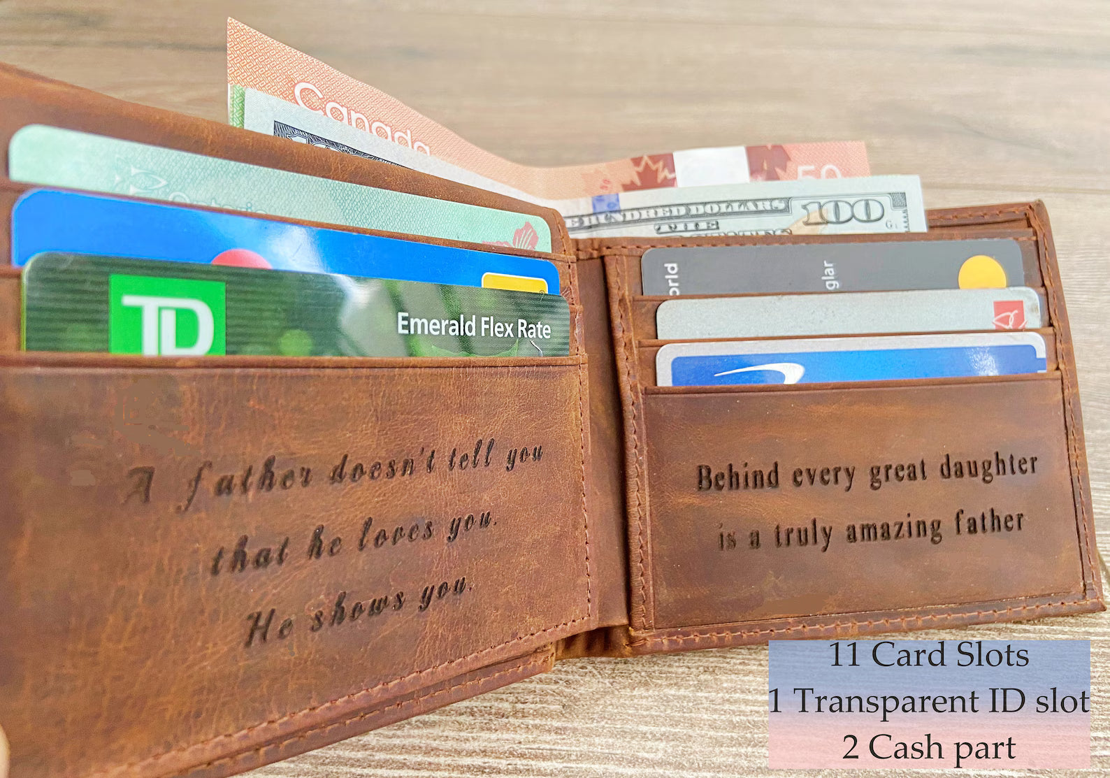 Custom Engraved Full Grain Leather Wallet, Personalized Men’s Photo Wallet, Handmade Bifold Gift for Dad