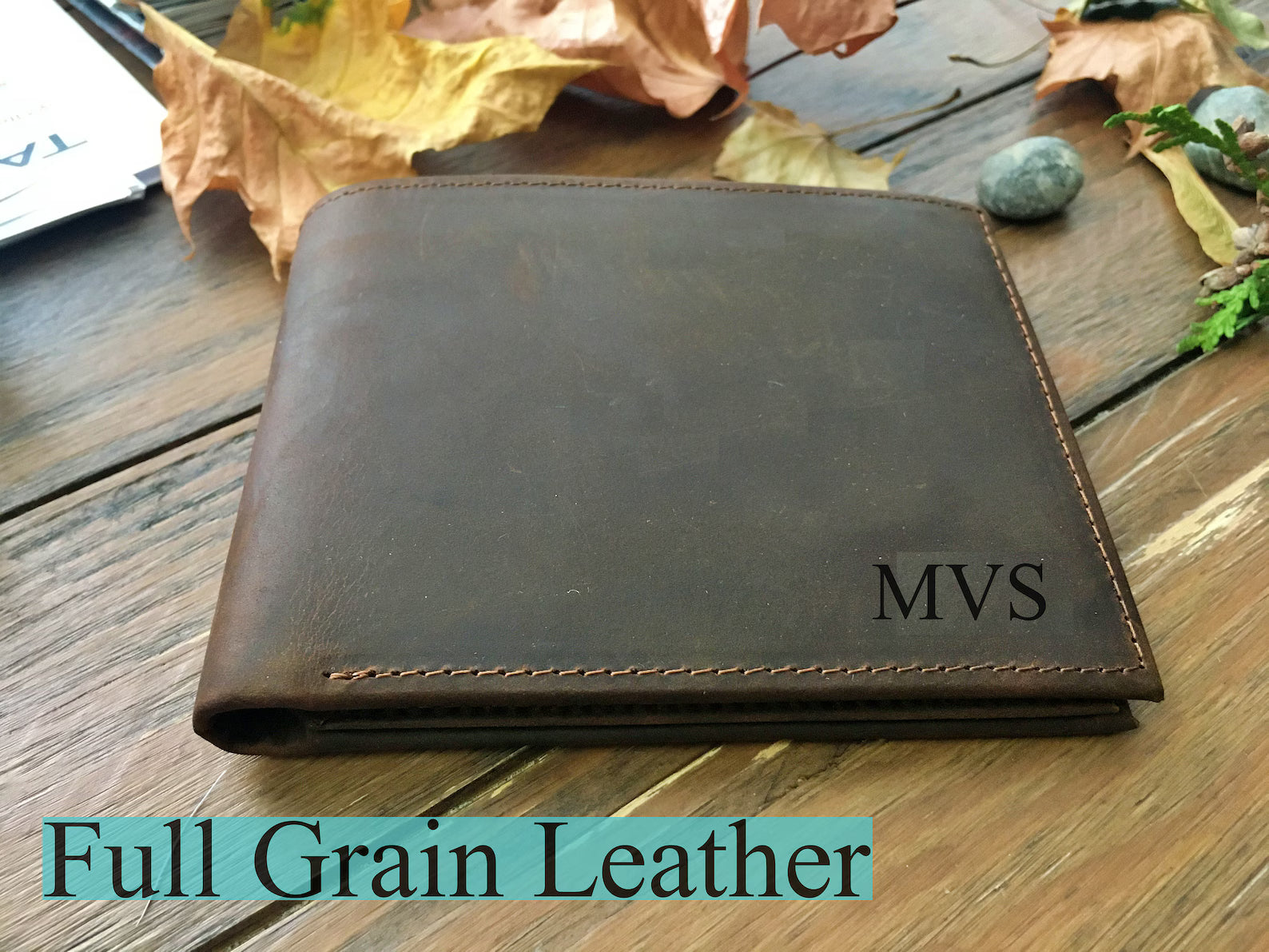 Custom Engraved Full Grain Leather Wallet, Personalized Men’s Photo Wallet, Handmade Bifold Gift for Dad