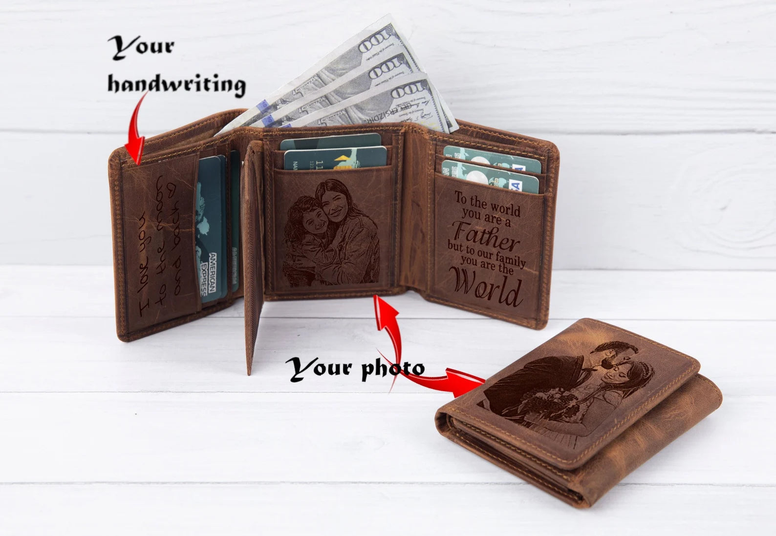 Personalized Trifold Leather Wallet, Custom Engraved Photo Text Wallet, Gift for Dad Husband Boyfriend