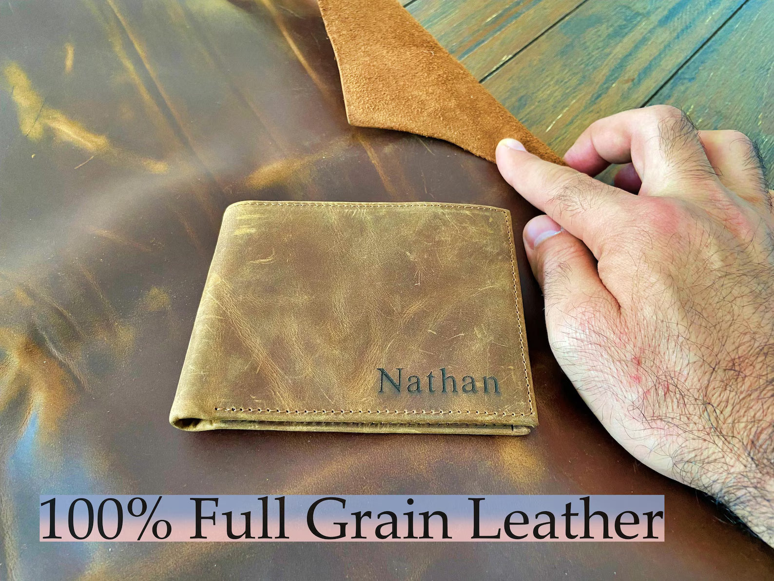 Custom Engraved Full Grain Leather Wallet, Personalized Men’s Photo Wallet, Handmade Bifold Gift for Dad