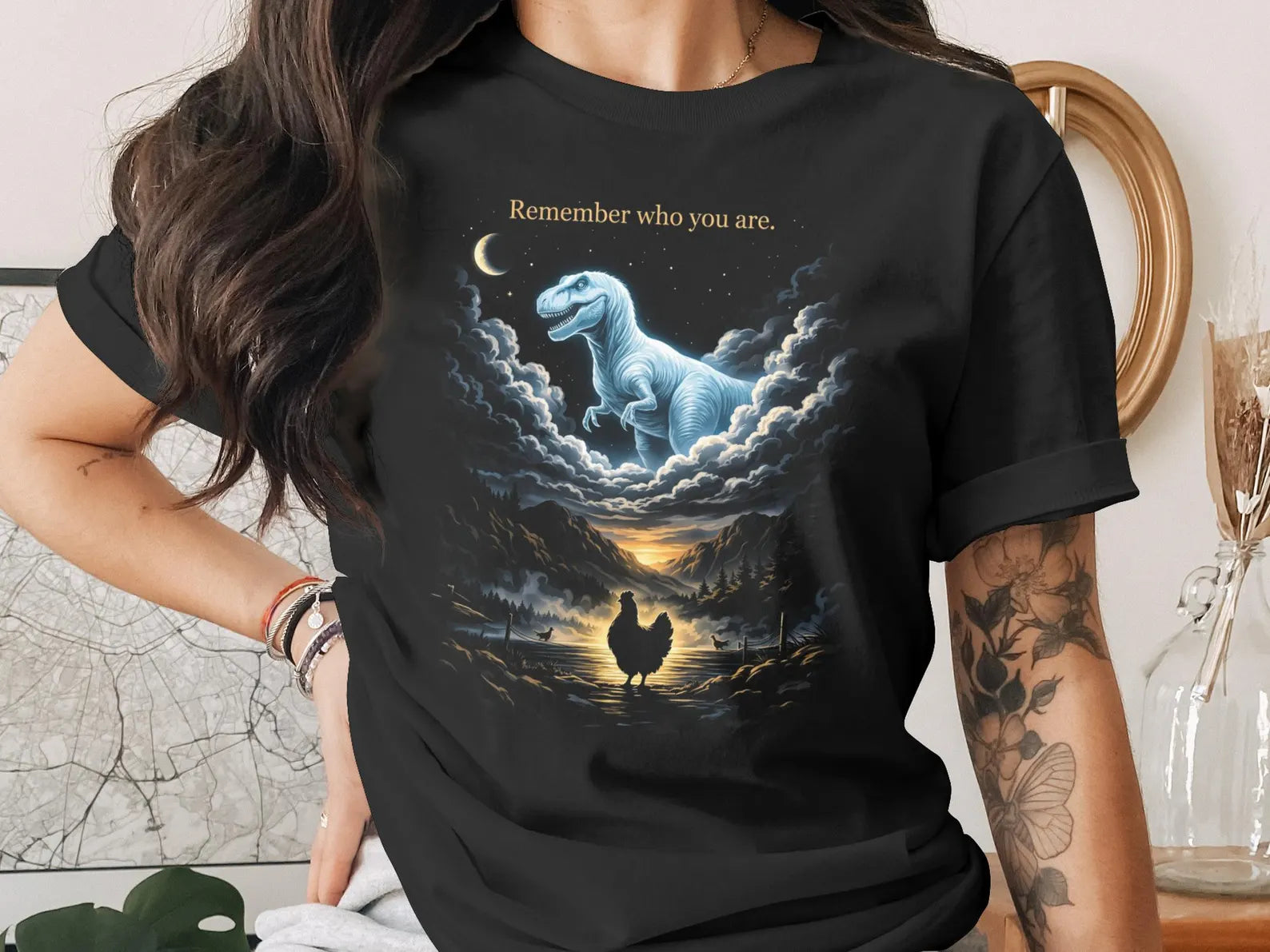 Inspirational Dinosaur Graphic T-Shirt, Moonlight Dino Dream Tee, Unisex Animal Fantasy Shirt