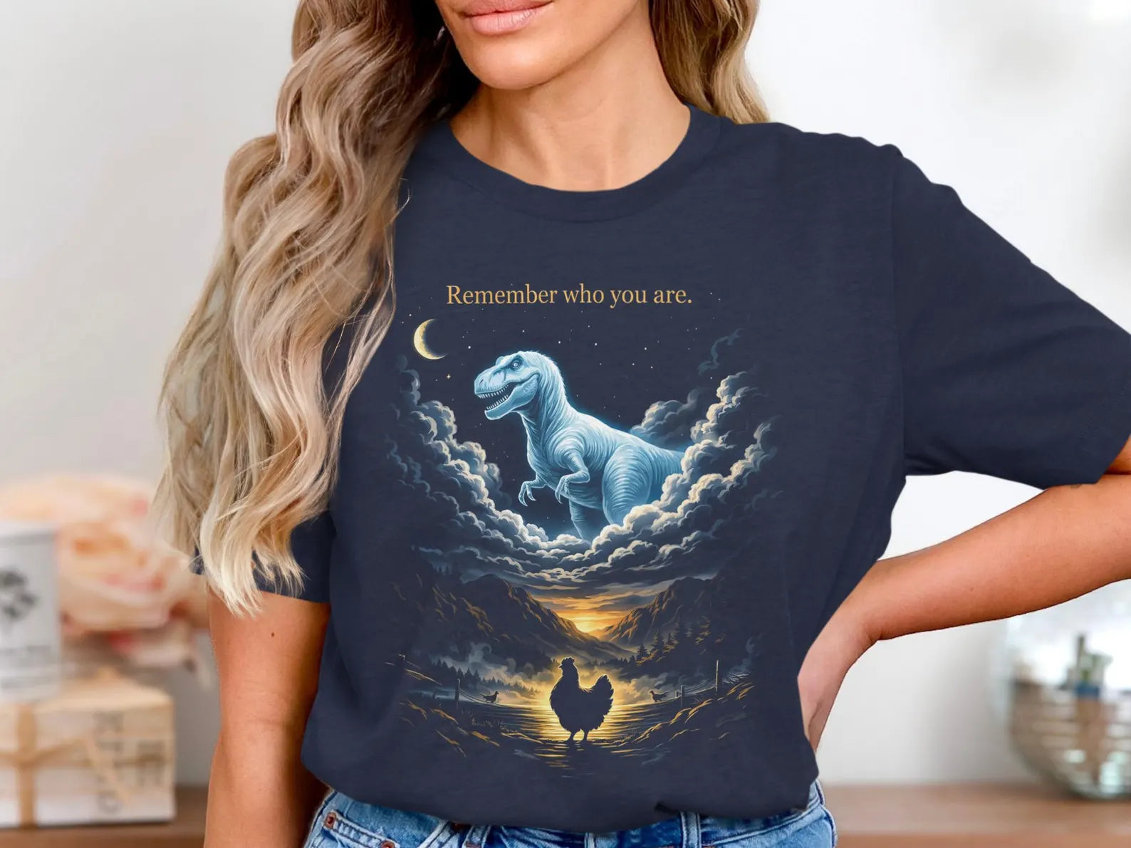 Inspirational Dinosaur Graphic T-Shirt, Moonlight Dino Dream Tee, Unisex Animal Fantasy Shirt