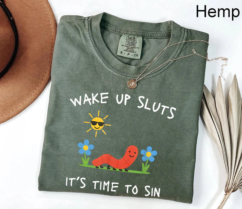 Funny Wake Up Graphic T-Shirt, Cute Worm Garden Humor Tee, Unisex Adult Humor Shirt