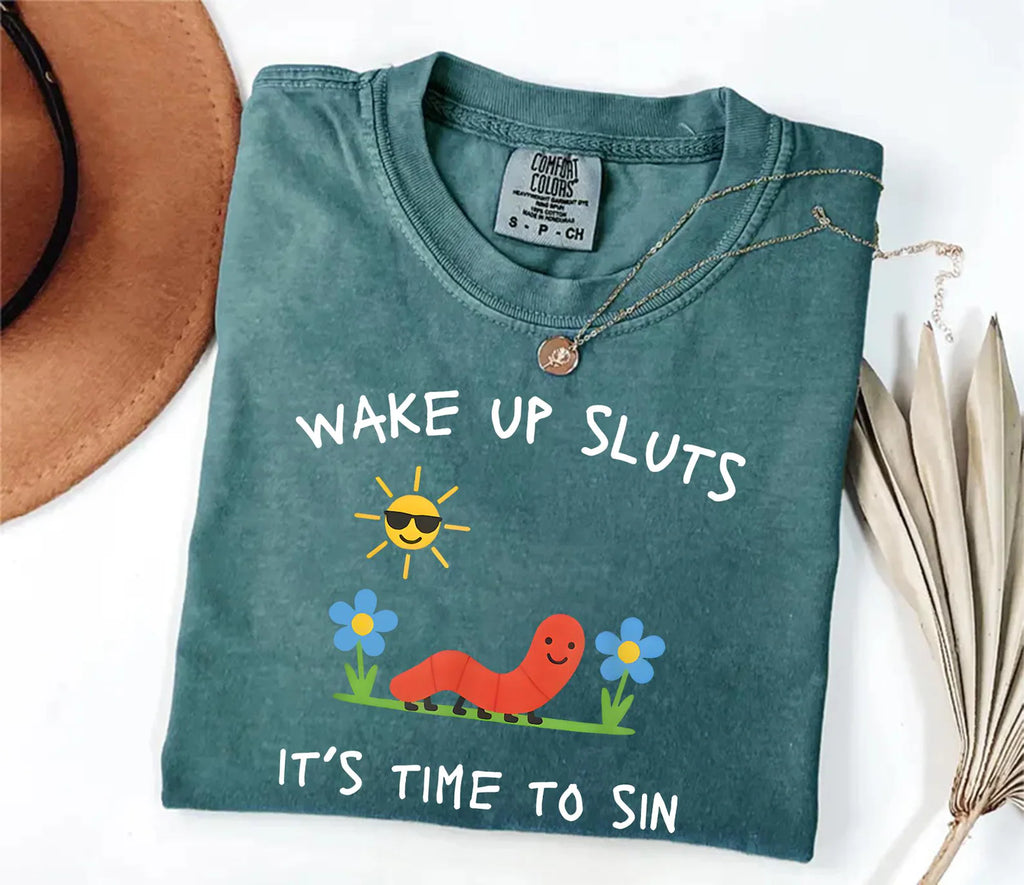 Funny Wake Up Graphic T-Shirt, Cute Worm Garden Humor Tee, Unisex Adult Humor Shirt