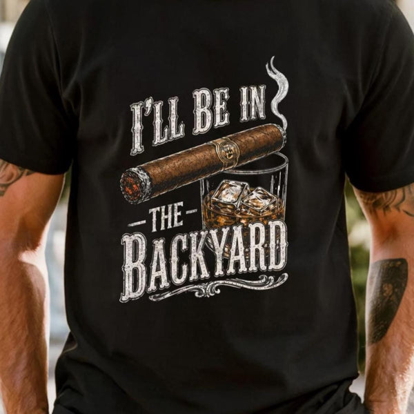 Backyard Lounge Graphic T-Shirt, Cigar Whiskey Tee, Funny Dad Outdoor BBQ Shirt, Casual Men’s Summer Tee