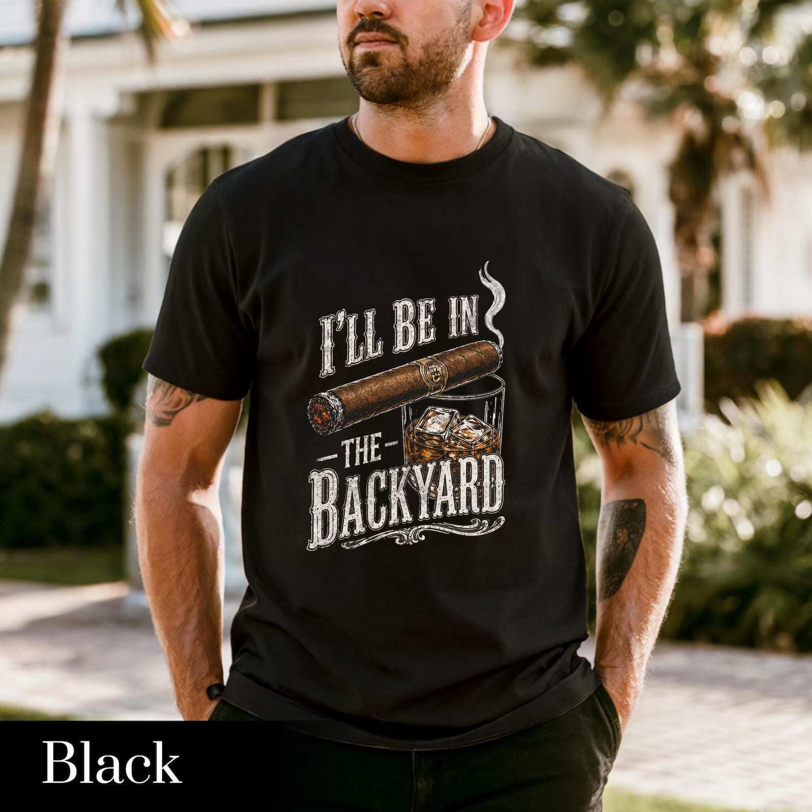 Backyard Lounge Graphic T-Shirt, Cigar Whiskey Tee, Funny Dad Outdoor BBQ Shirt, Casual Men’s Summer Tee