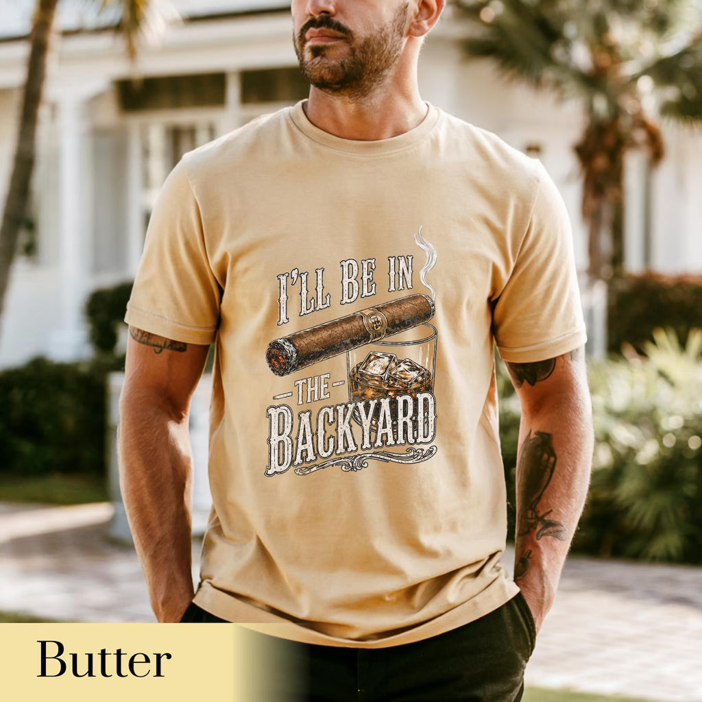 Backyard Lounge Graphic T-Shirt, Cigar Whiskey Tee, Funny Dad Outdoor BBQ Shirt, Casual Men’s Summer Tee