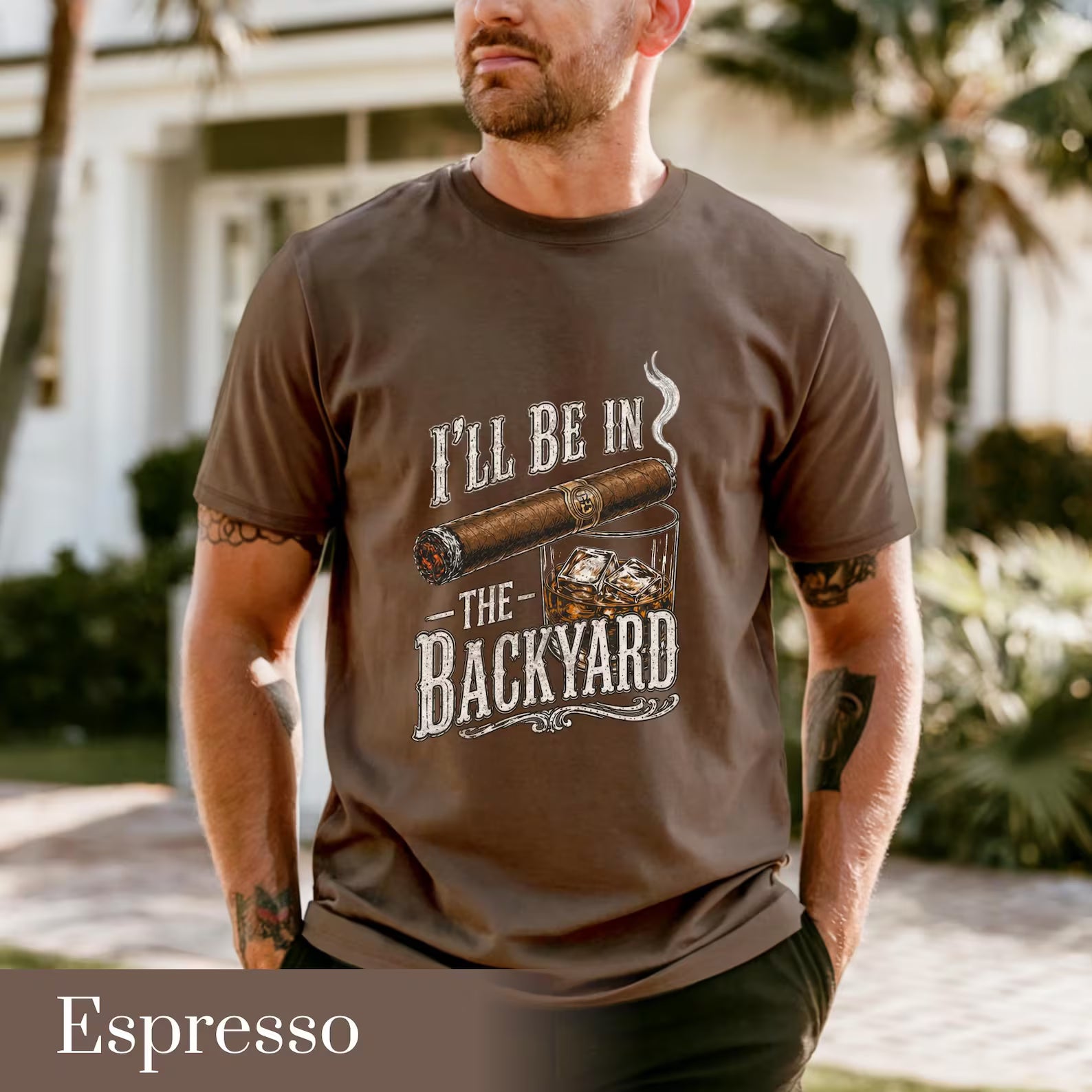 Backyard Lounge Graphic T-Shirt, Cigar Whiskey Tee, Funny Dad Outdoor BBQ Shirt, Casual Men’s Summer Tee