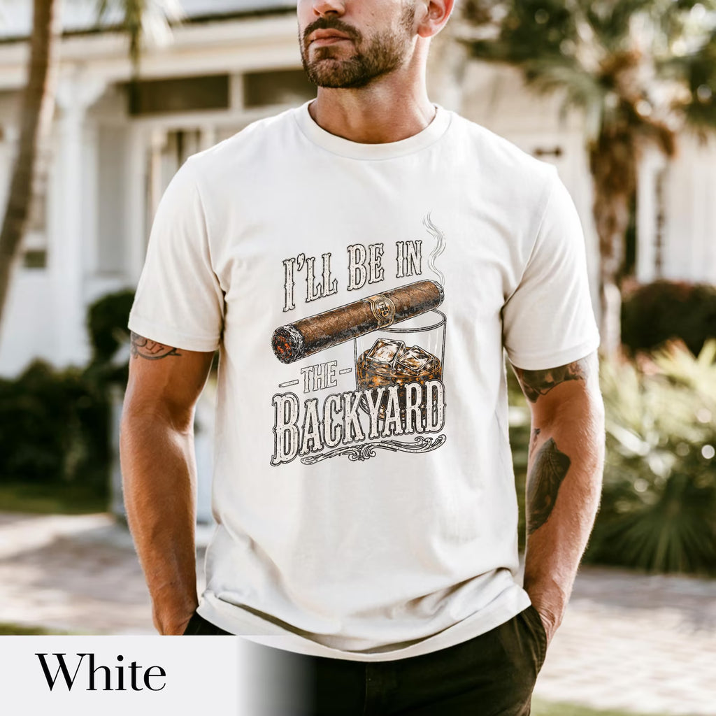 Backyard Lounge Graphic T-Shirt, Cigar Whiskey Tee, Funny Dad Outdoor BBQ Shirt, Casual Men’s Summer Tee