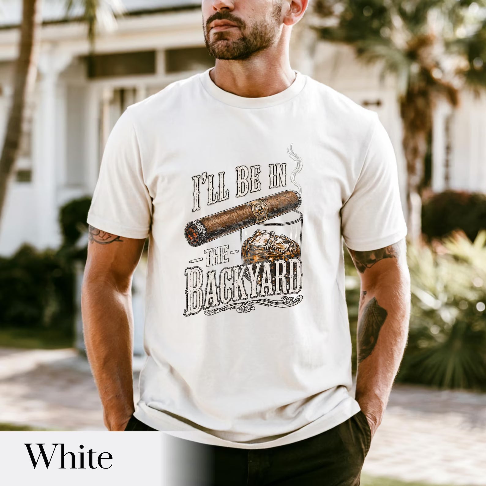Backyard Lounge Graphic T-Shirt, Cigar Whiskey Tee, Funny Dad Outdoor BBQ Shirt, Casual Men’s Summer Tee