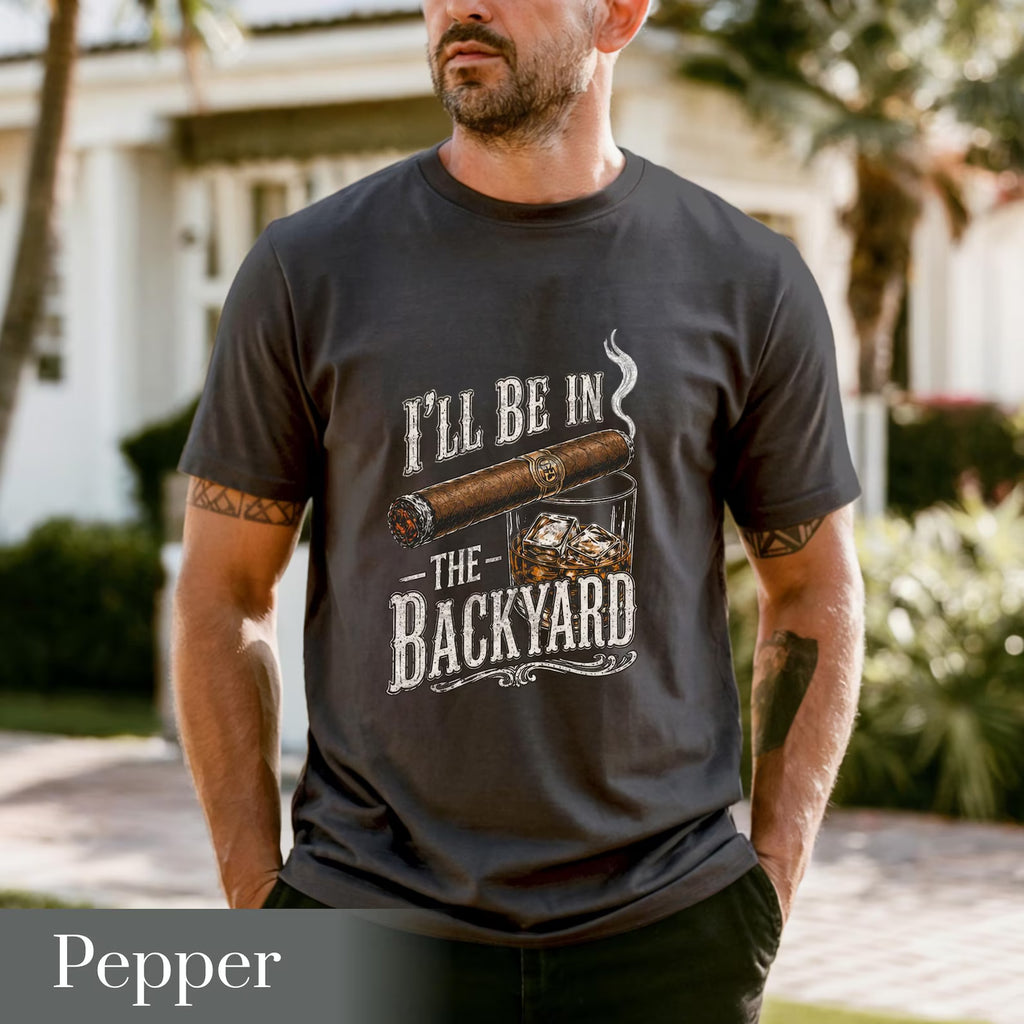 Backyard Lounge Graphic T-Shirt, Cigar Whiskey Tee, Funny Dad Outdoor BBQ Shirt, Casual Men’s Summer Tee