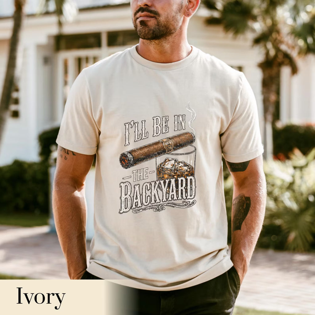 Backyard Lounge Graphic T-Shirt, Cigar Whiskey Tee, Funny Dad Outdoor BBQ Shirt, Casual Men’s Summer Tee