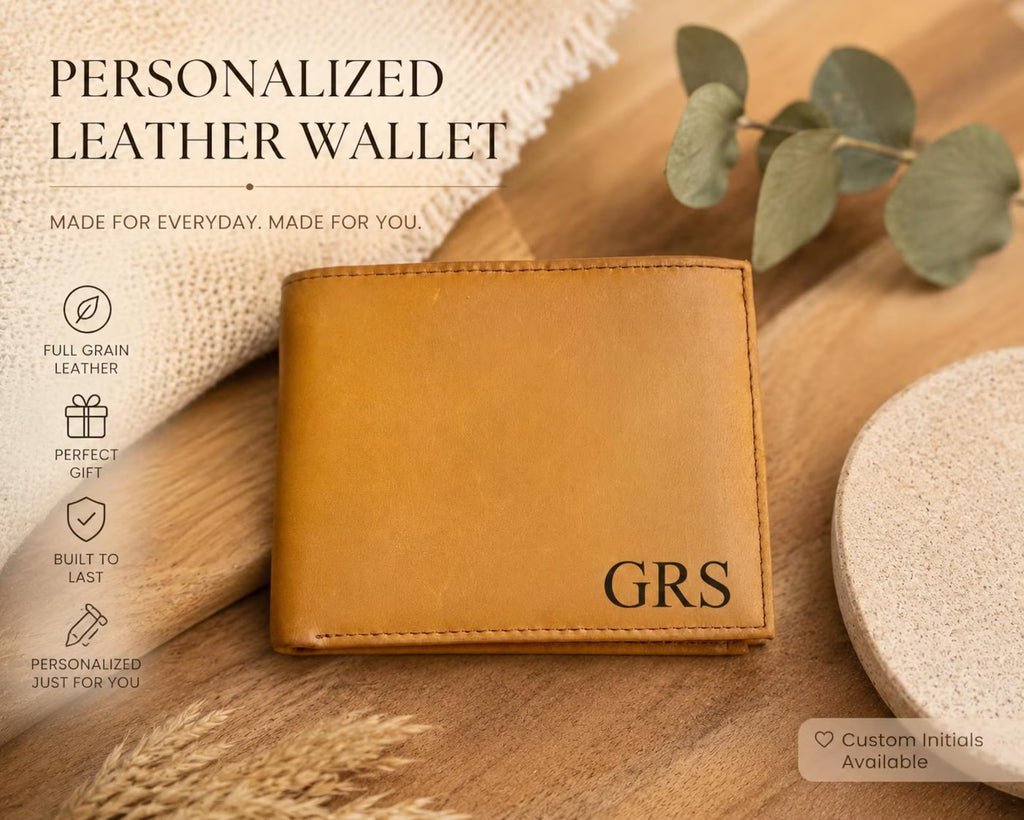 Custom Engraved Full Grain Leather Wallet, Personalized Men’s Photo Wallet, Handmade Bifold Gift for Dad