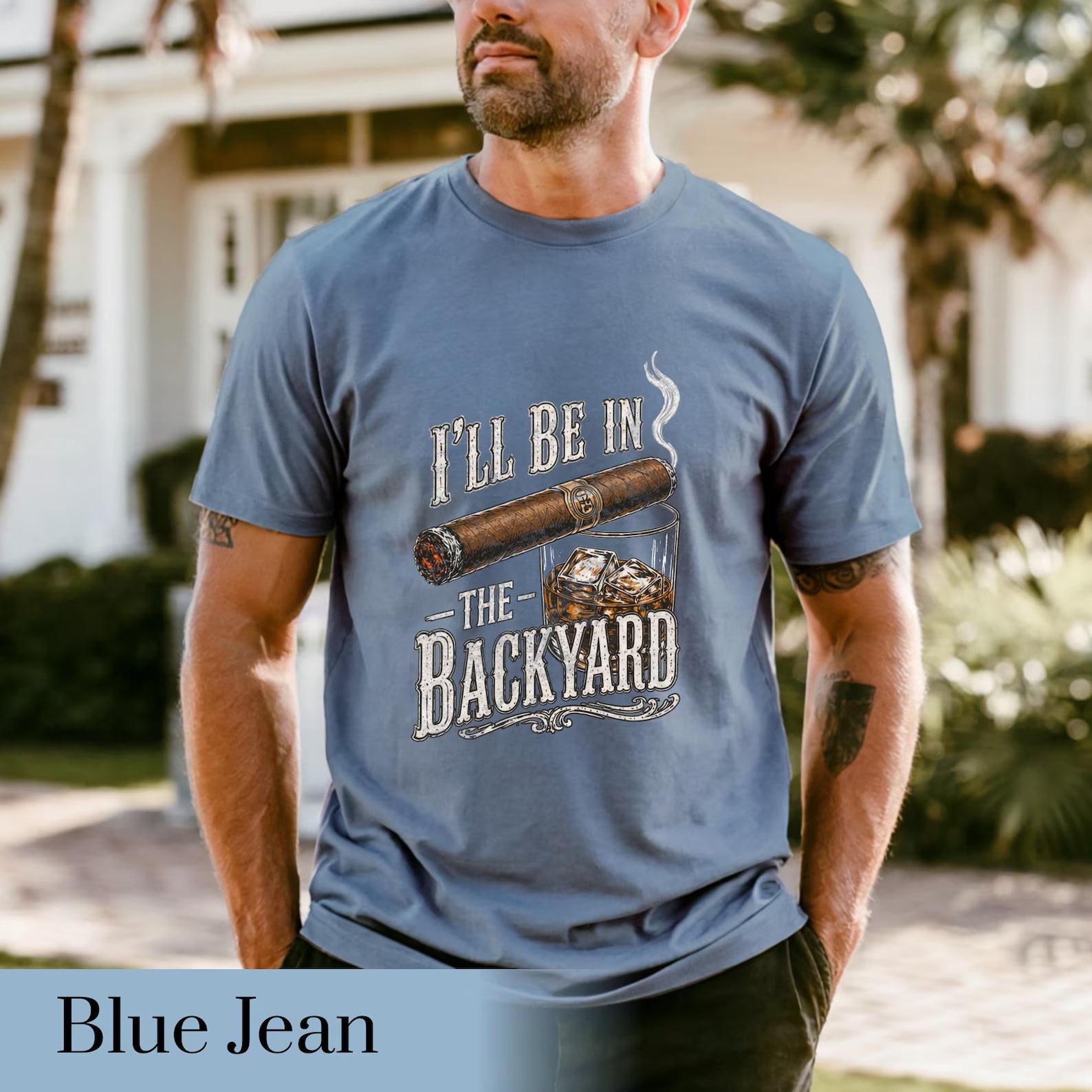Backyard Lounge Graphic T-Shirt, Cigar Whiskey Tee, Funny Dad Outdoor BBQ Shirt, Casual Men’s Summer Tee