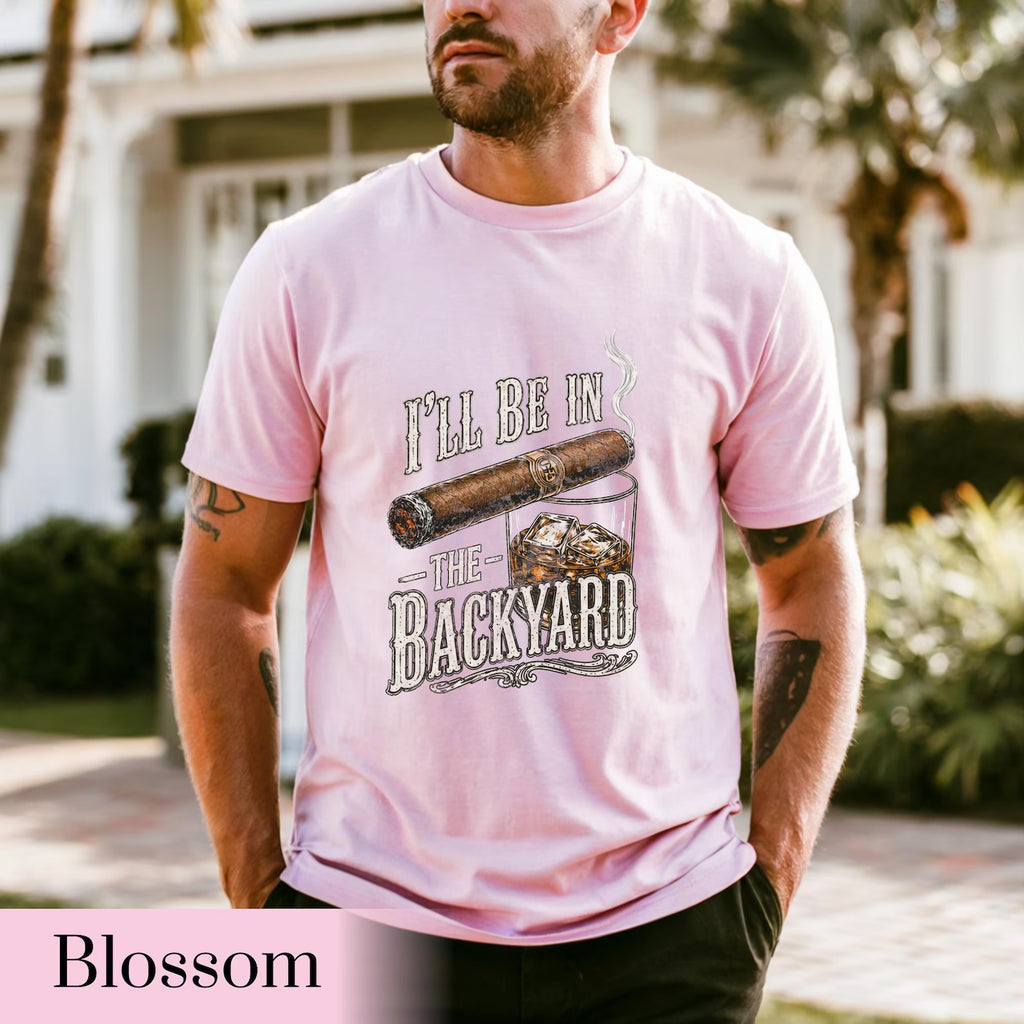 Backyard Lounge Graphic T-Shirt, Cigar Whiskey Tee, Funny Dad Outdoor BBQ Shirt, Casual Men’s Summer Tee