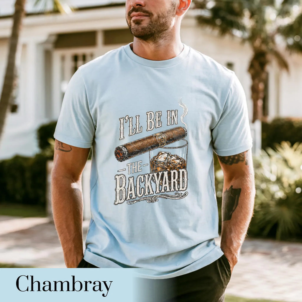 Backyard Lounge Graphic T-Shirt, Cigar Whiskey Tee, Funny Dad Outdoor BBQ Shirt, Casual Men’s Summer Tee