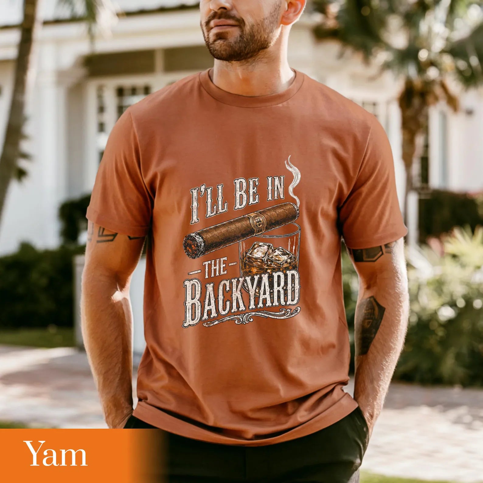 Backyard Lounge Graphic T-Shirt, Cigar Whiskey Tee, Funny Dad Outdoor BBQ Shirt, Casual Men’s Summer Tee