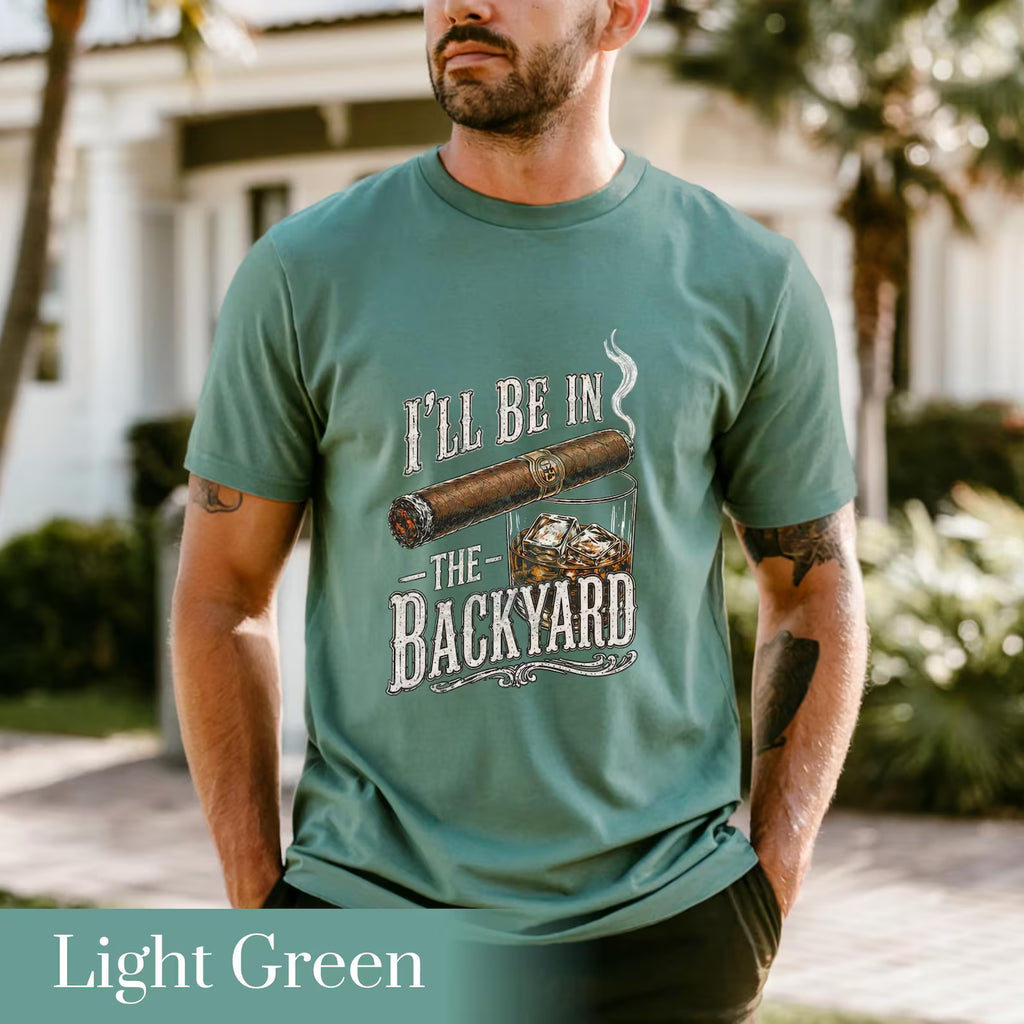 Backyard Lounge Graphic T-Shirt, Cigar Whiskey Tee, Funny Dad Outdoor BBQ Shirt, Casual Men’s Summer Tee