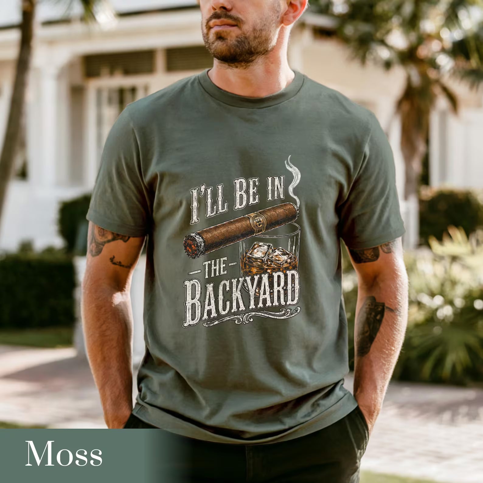 Backyard Lounge Graphic T-Shirt, Cigar Whiskey Tee, Funny Dad Outdoor BBQ Shirt, Casual Men’s Summer Tee