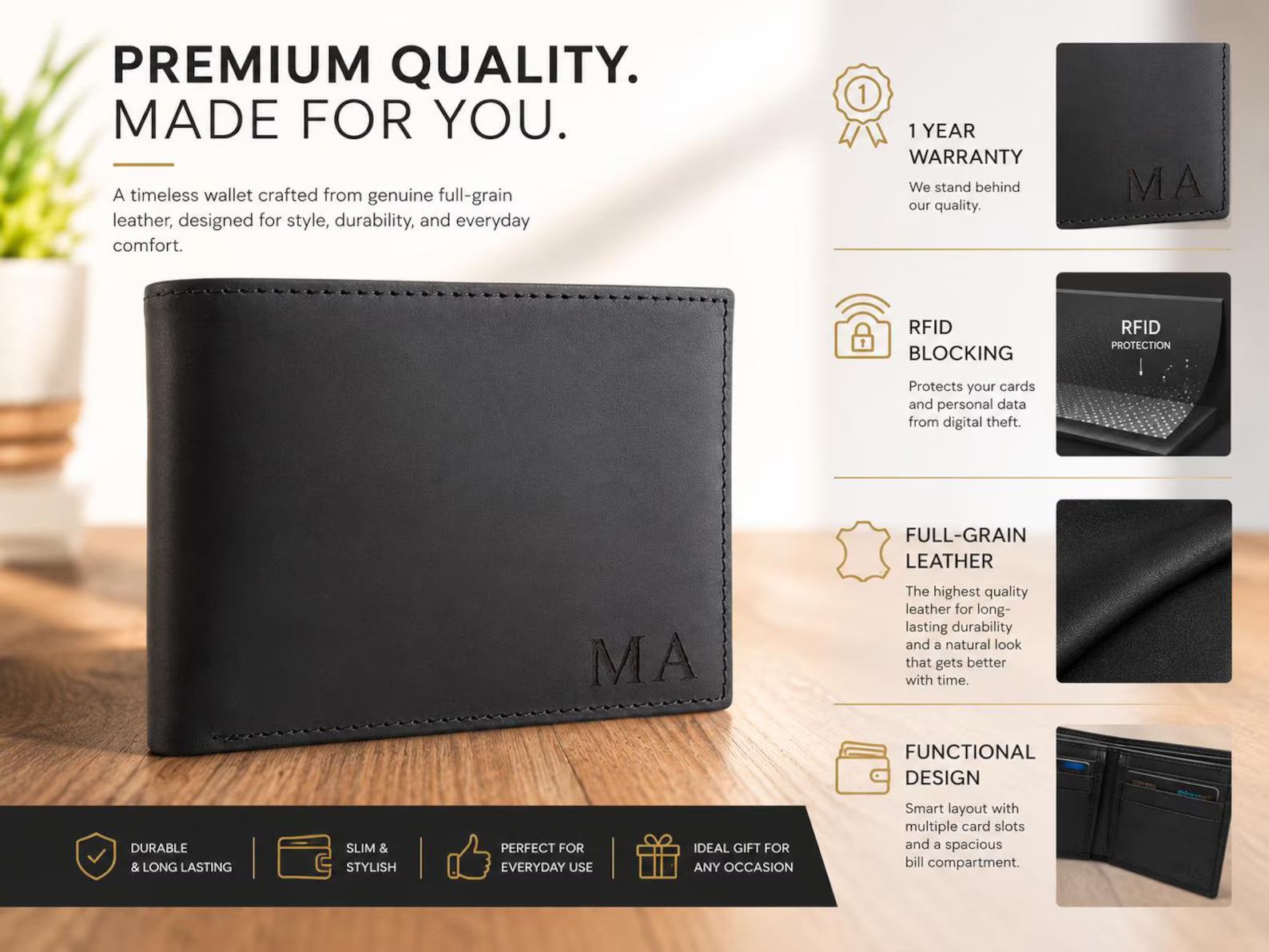Custom Engraved Full Grain Leather Wallet, Personalized Men’s Photo Wallet, Handmade Bifold Gift for Dad