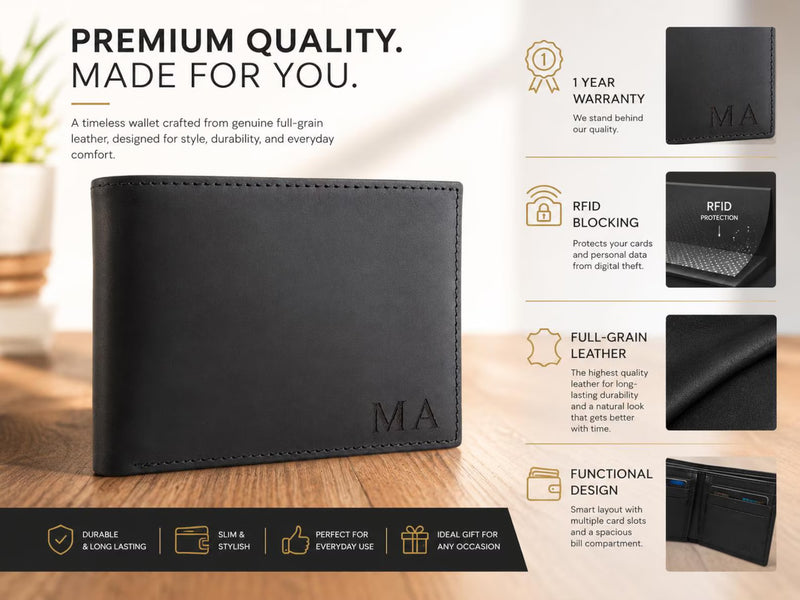 Custom Engraved Full Grain Leather Wallet, Personalized Men’s Photo Wallet, Handmade Bifold Gift for Dad