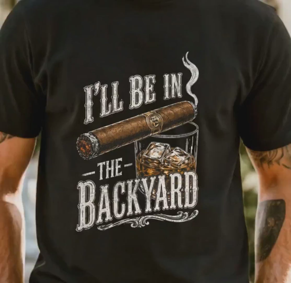 Backyard Lounge Graphic T-Shirt, Cigar Whiskey Tee, Funny Dad Outdoor BBQ Shirt, Casual Men’s Summer Tee