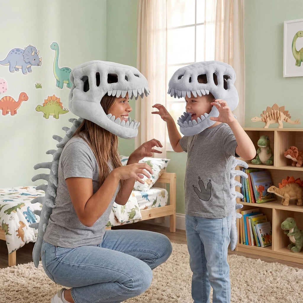Dinosaur Skeleton Costume Hat, Plush T-Rex Skull Headpiece, Funny Dinosaur Dress Up Accessory for Kids and Adults