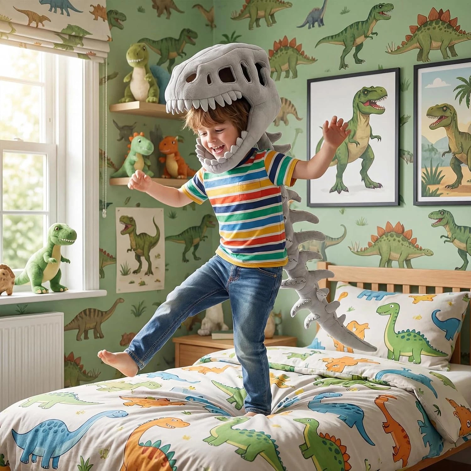 Dinosaur Skeleton Costume Hat, Plush T-Rex Skull Headpiece, Funny Dinosaur Dress Up Accessory for Kids and Adults