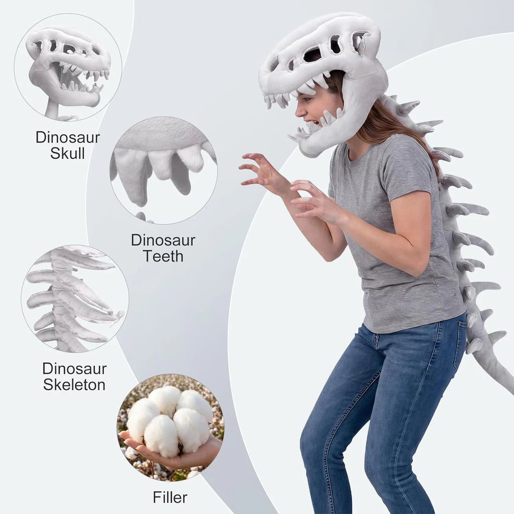 Dinosaur Skeleton Costume Hat, Plush T-Rex Skull Headpiece, Funny Dinosaur Dress Up Accessory for Kids and Adults