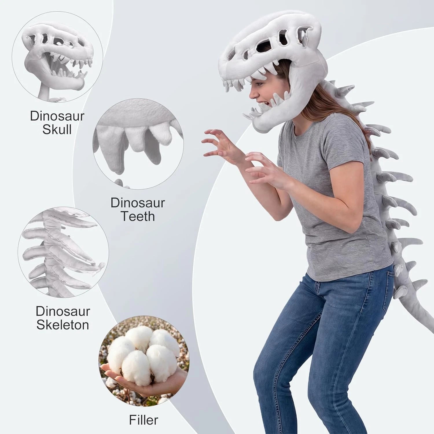 Dinosaur Skeleton Costume Hat, Plush T-Rex Skull Headpiece, Funny Dinosaur Dress Up Accessory for Kids and Adults