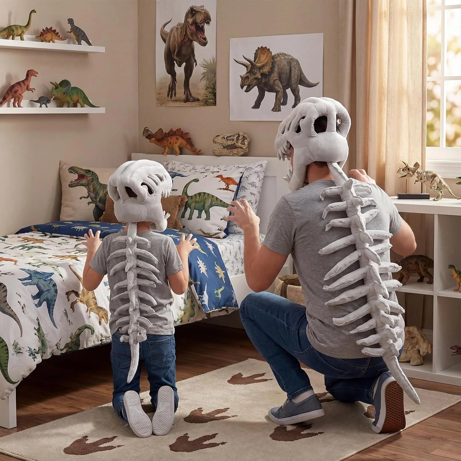 Dinosaur Skeleton Costume Hat, Plush T-Rex Skull Headpiece, Funny Dinosaur Dress Up Accessory for Kids and Adults