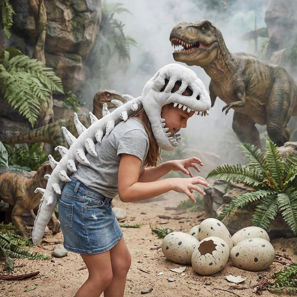 Dinosaur Skeleton Costume Hat, Plush T-Rex Skull Headpiece, Funny Dinosaur Dress Up Accessory for Kids and Adults